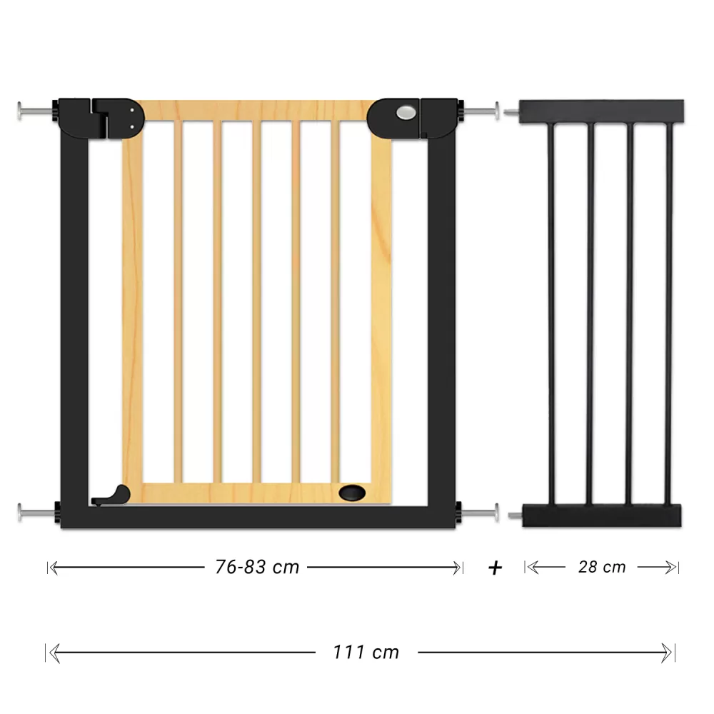 Baby Safe Wooden Safety Gate w/t 28cm Black Extension - Natural Wood