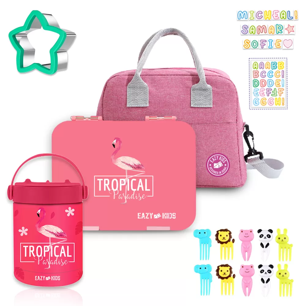 Eazy Kids 6/4 Compartment Bento Lunch Box w/ Lunch Bag and Steel Food Jar Tropical-Pink