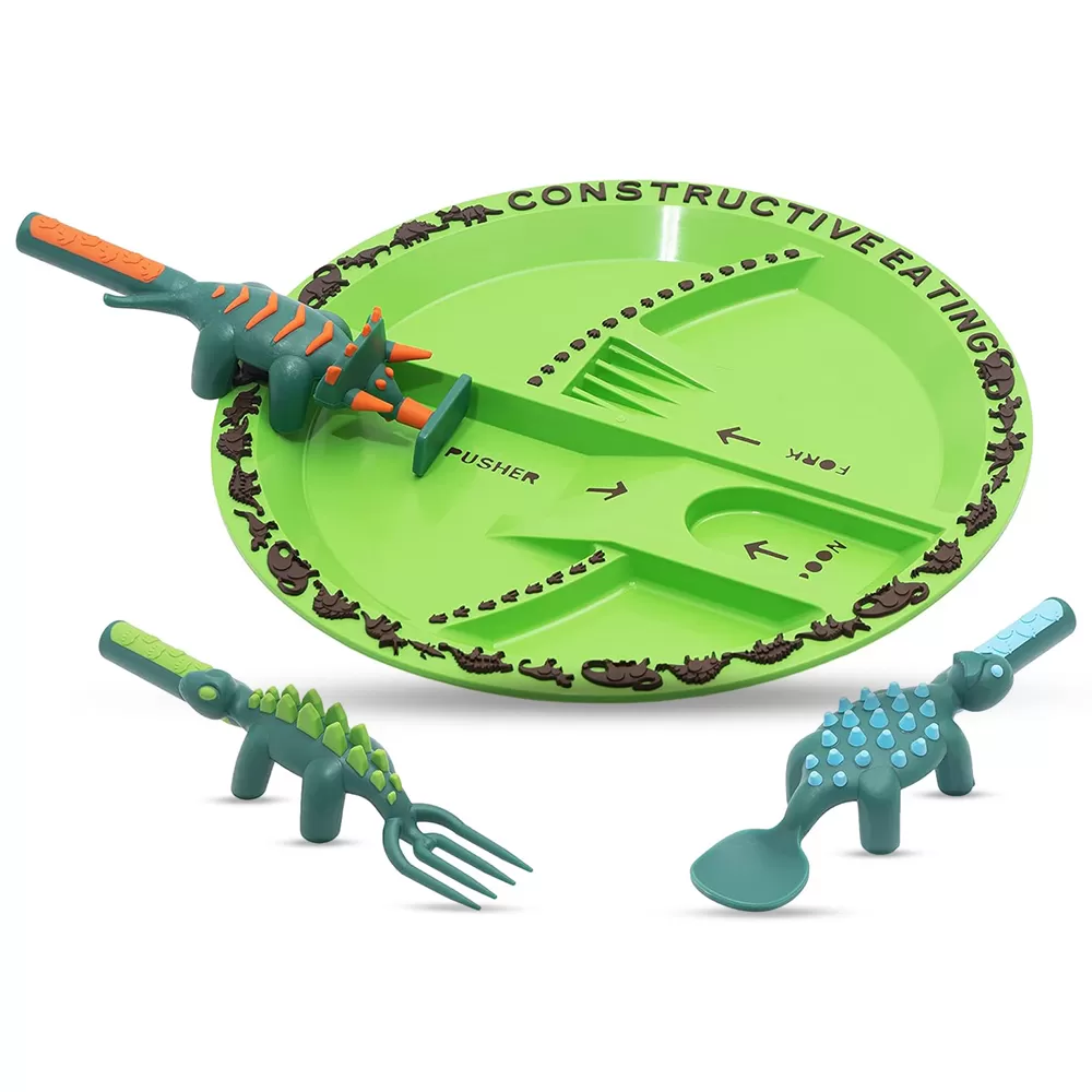 Eazy Kids Eating Plate with Spoon, Fork &amp; Pusher - Purple, Dinosaur, 3Pcs