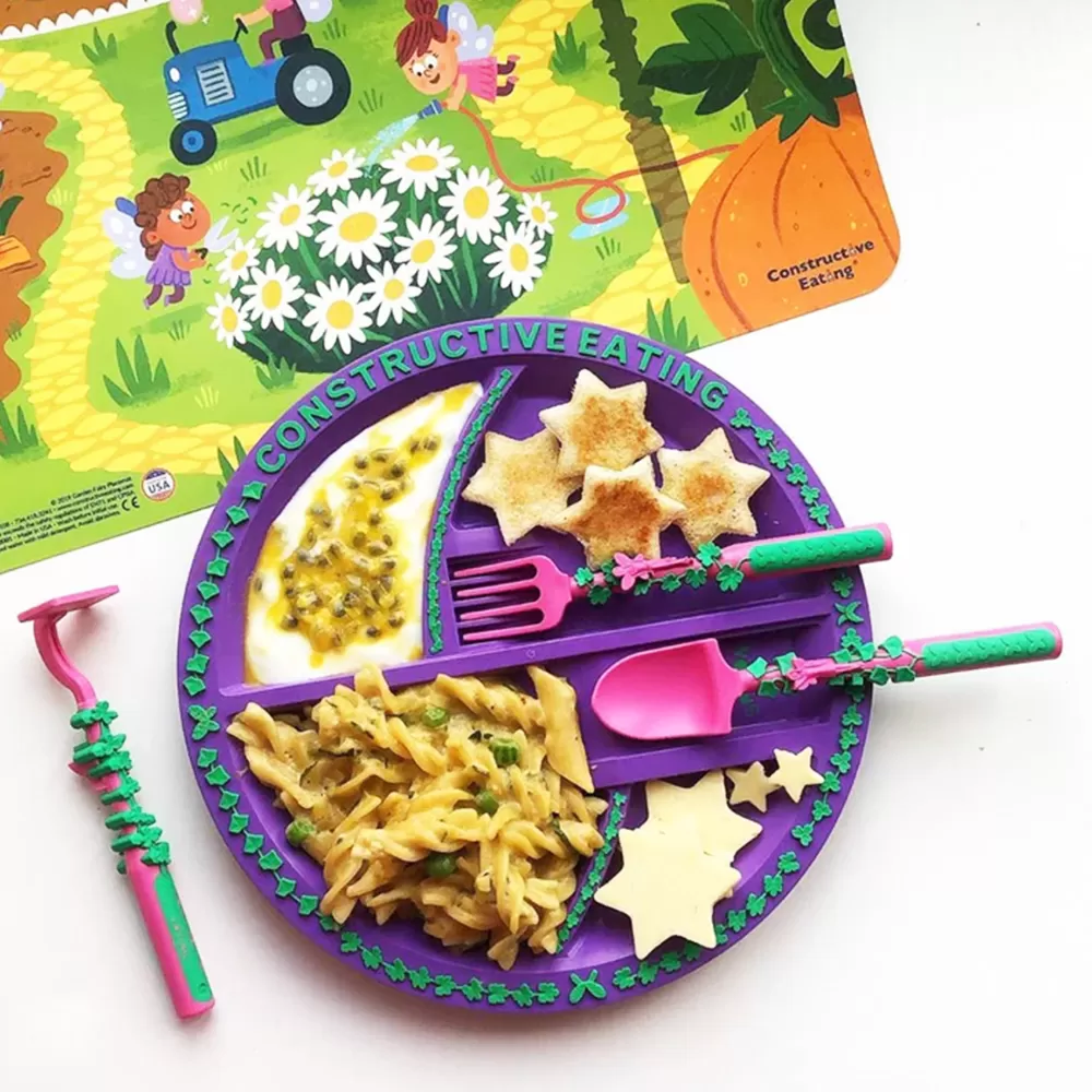 Eazy Kids Eating Plate with Spoon, Fork &amp; Pusher - Purple, Gardening, 3Pcs