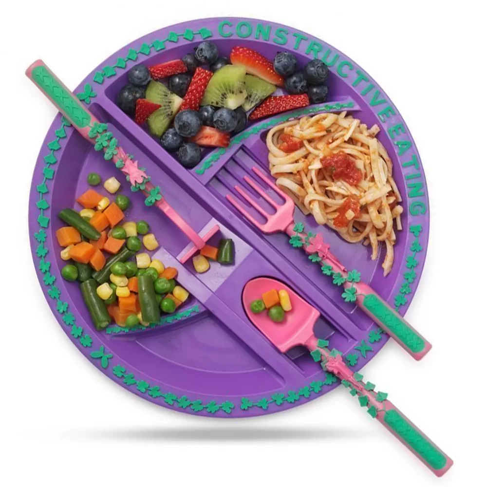 Eazy Kids Eating Plate with Spoon, Fork &amp; Pusher - Purple, Gardening, 3Pcs