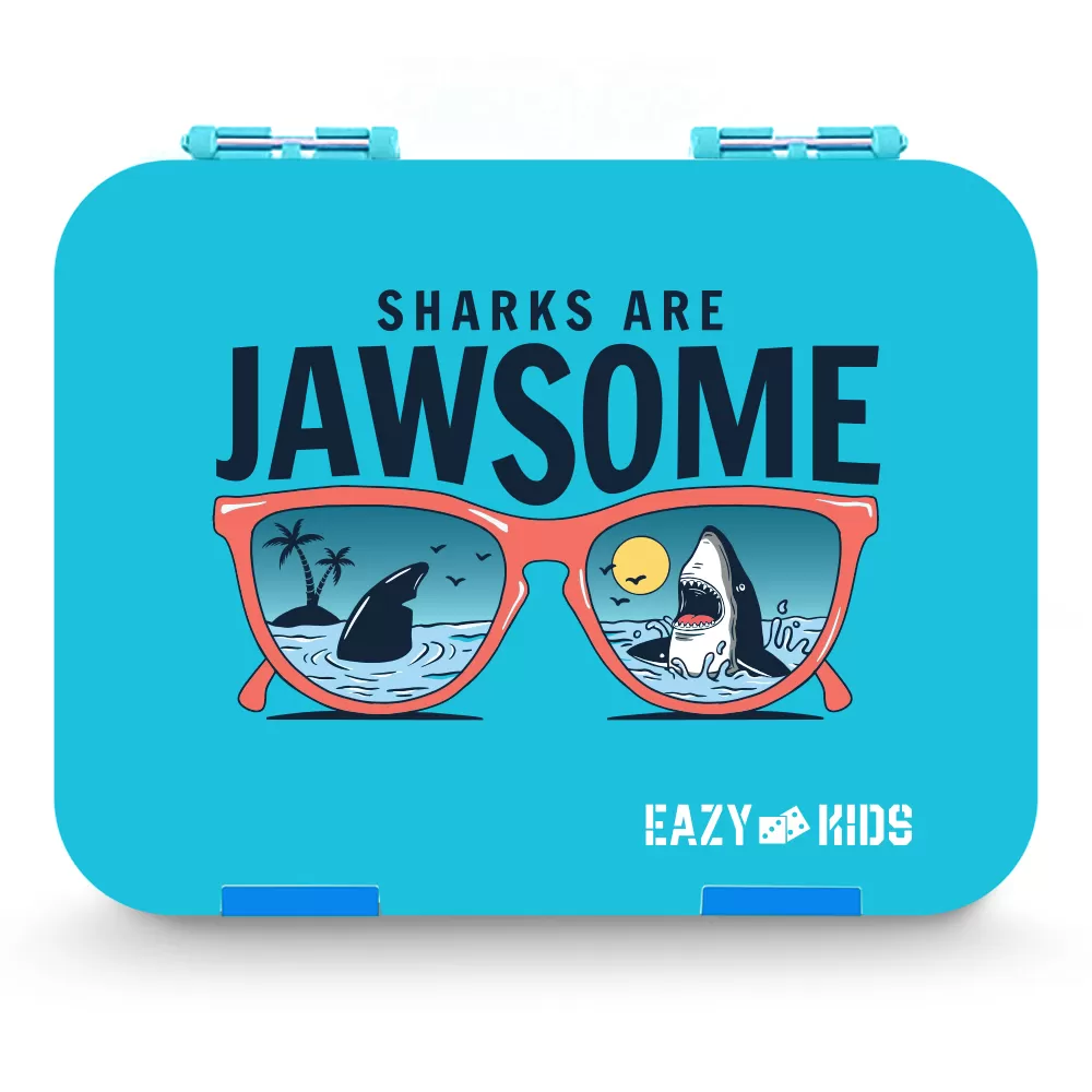 Eazy Kids 6/4 Compartment Bento Lunch Box w/ 2in1 Tritan Water Bottle and Steel Food Jar Jawsome-Blue