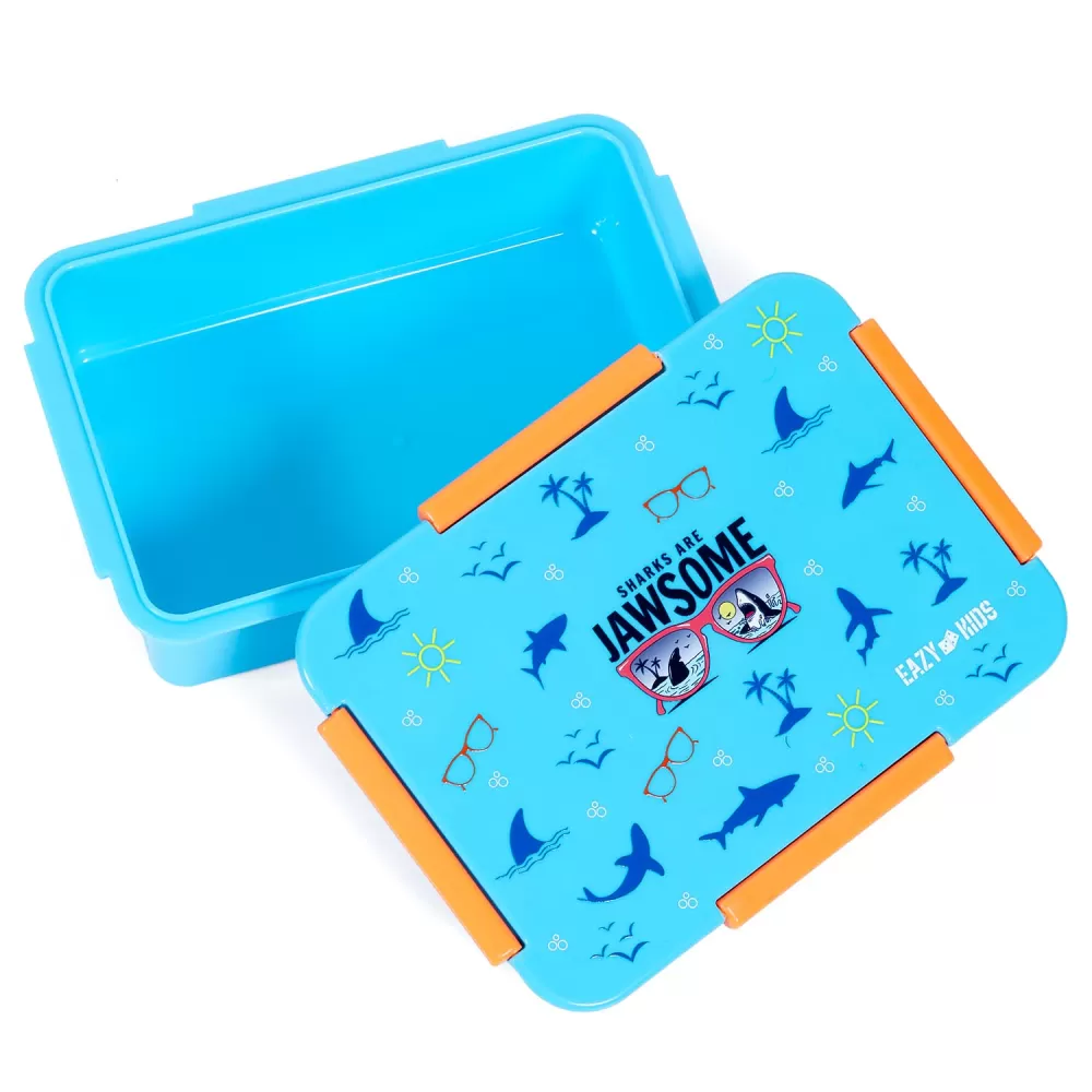 Eazy Kids Lunch Box and Tritan Water Bottle w/ 2in1 drinking Flip lid and Sipper Jawsome-Blue