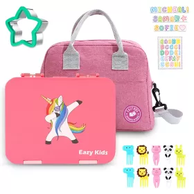 Eazy Kids Unicorn 6/4 Compartment Bento Lunch Box w/ Lunch Bag-Pink