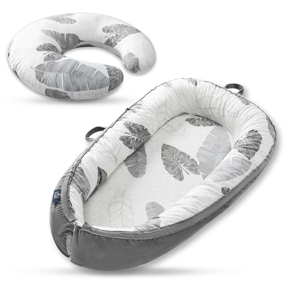 Little Story Soft Breathable fiberfill Newborn Lounger Bed with Baby Nursing and Feeding Pillow - Leaves
