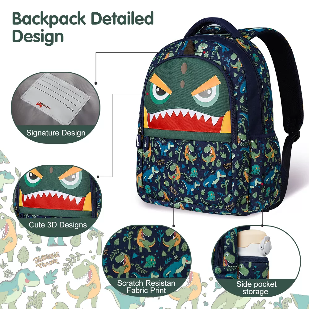 Nohoo Kids 16 Inch School Bag with Handbag Combo Dino - Green