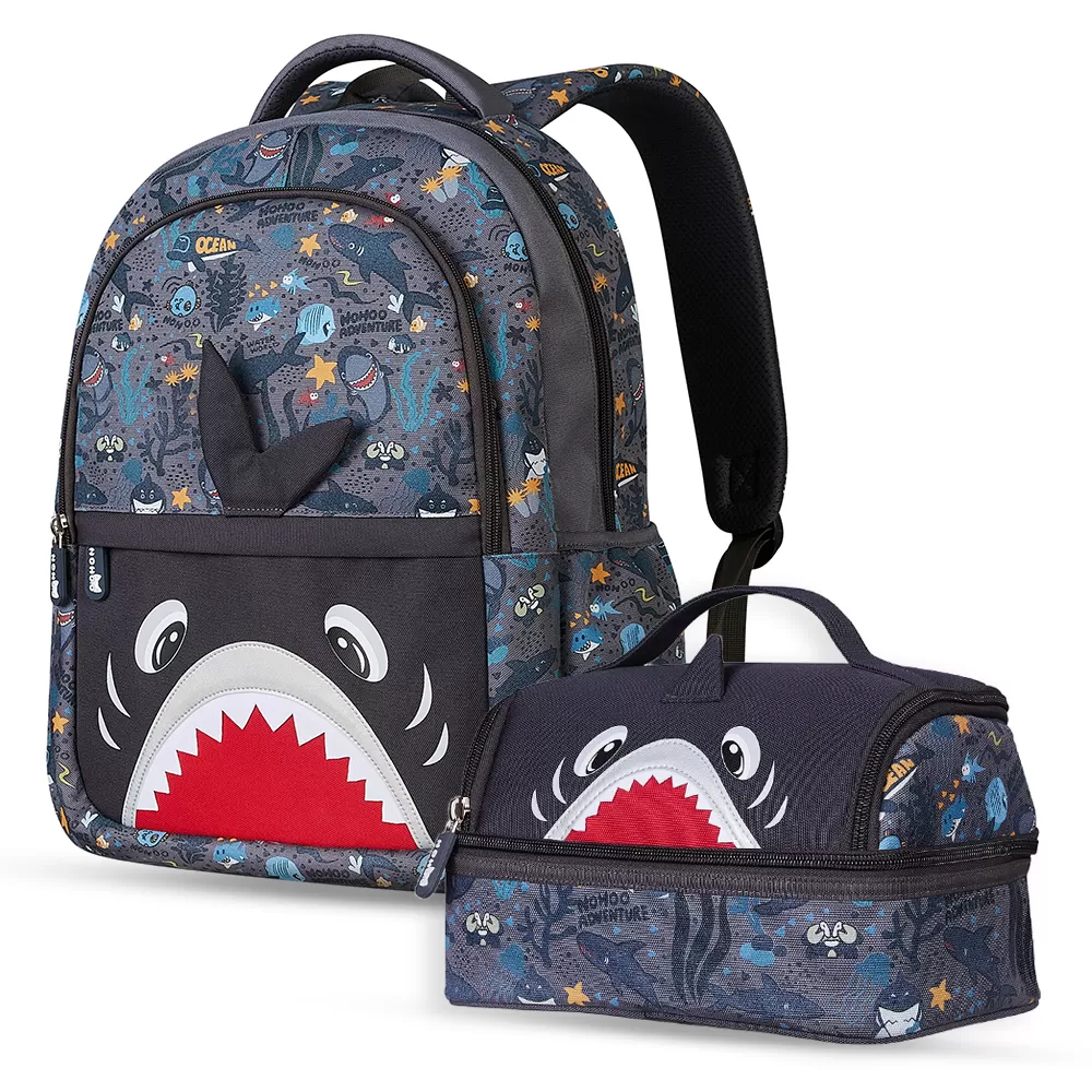 Nohoo Kids 16 Inch School Bag with Lunch Bag Combo Shark - Grey