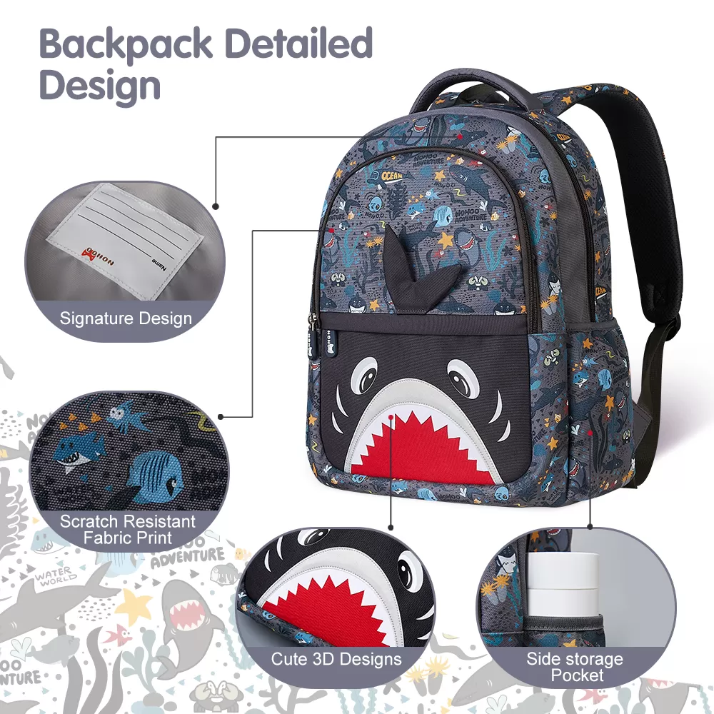 Nohoo Kids 16 Inch School Bag with Pencil Case Combo Shark - Grey