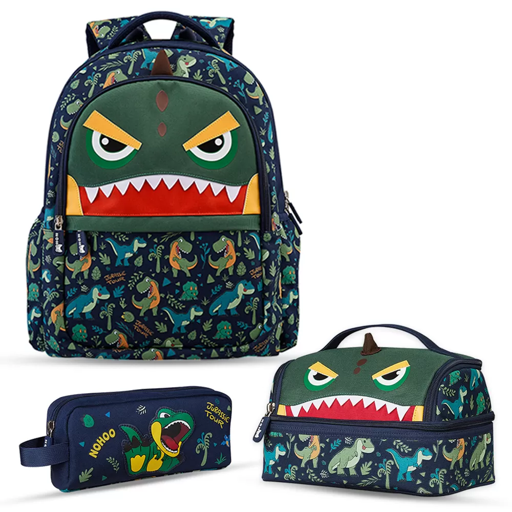 Nohoo Kids 16 Inch School Bag with Lunch Bag and Pencil Case (Set of 3) Dino - Green
