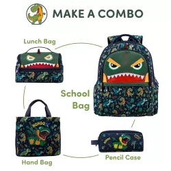 Nohoo Kids 16 Inch School Bag with Lunch Bag and Pencil Case (Set of 3) Dino - Green