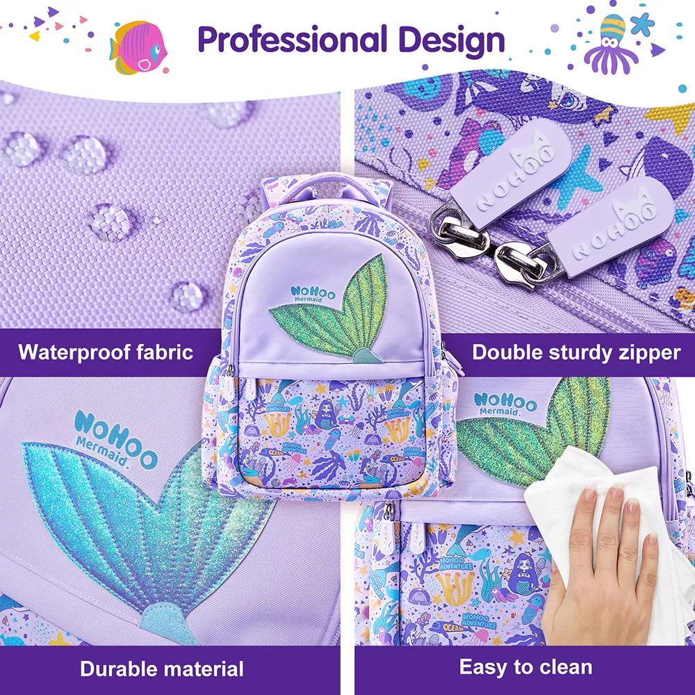 Nohoo Kids 16 Inch School Bag with Lunch Bag and Pencil Case (Set of 3) Mermaid - Purple