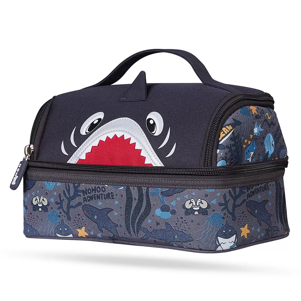 Nohoo Kids 16 Inch School Bag with Lunch Bag and Pencil Case (Set of 3) Shark - Grey