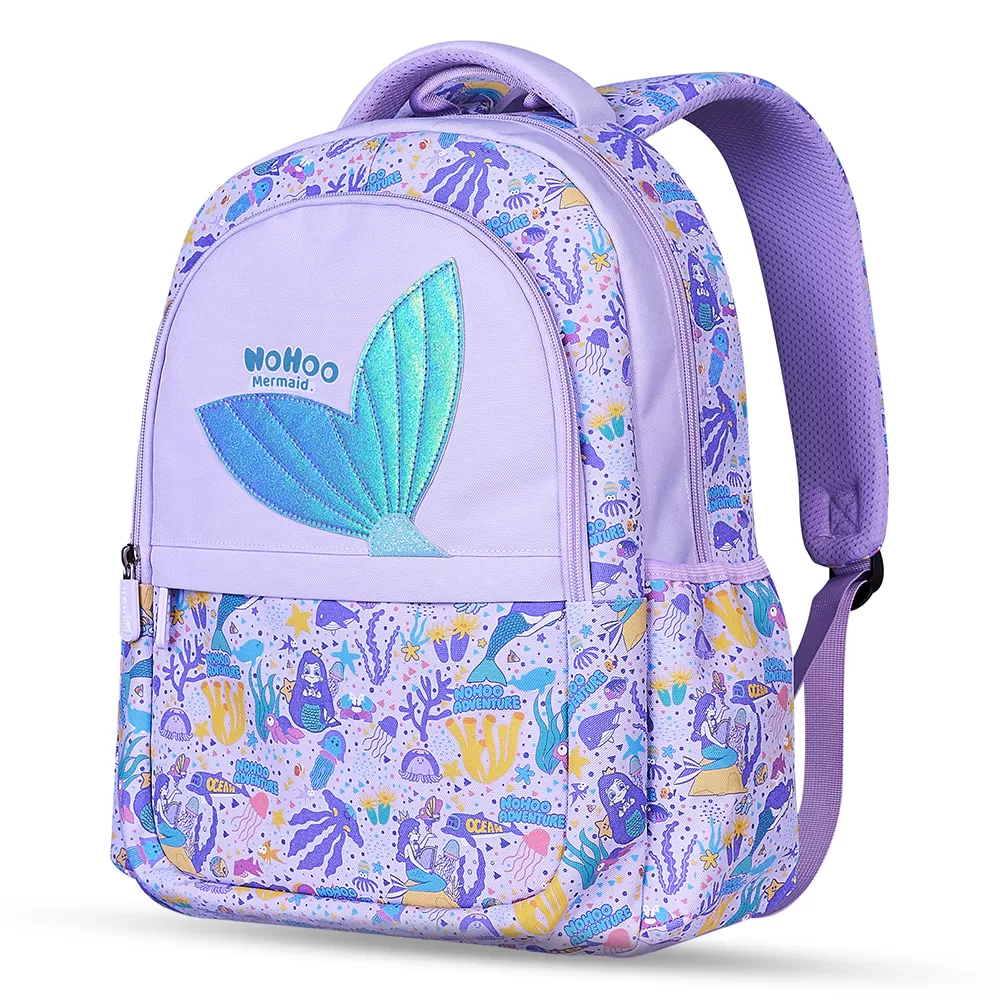 Nohoo Kids 16 Inch School Bag with Lunch Bag, Handbag and Pencil Case (Set of 4) Mermaid - Purple