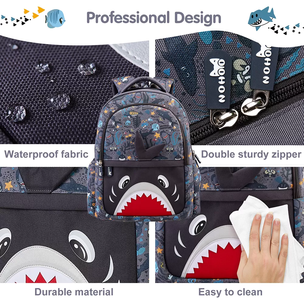 Nohoo Kids 16 Inch School Bag with Lunch Bag, Handbag and Pencil Case (Set of 4) Shark - Grey