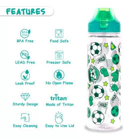 Eazy Kids Lunch Box Set and Tritan Water Bottle w/ 2in1 drinking, Flip lid and Sipper, Soccer - Green, 650ml