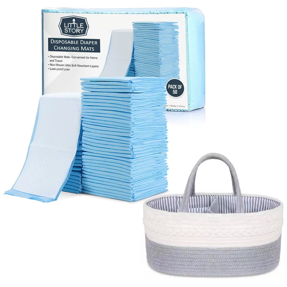 Little Story Diaper Caddy with 50pcs Blue Changing Mats - Grey