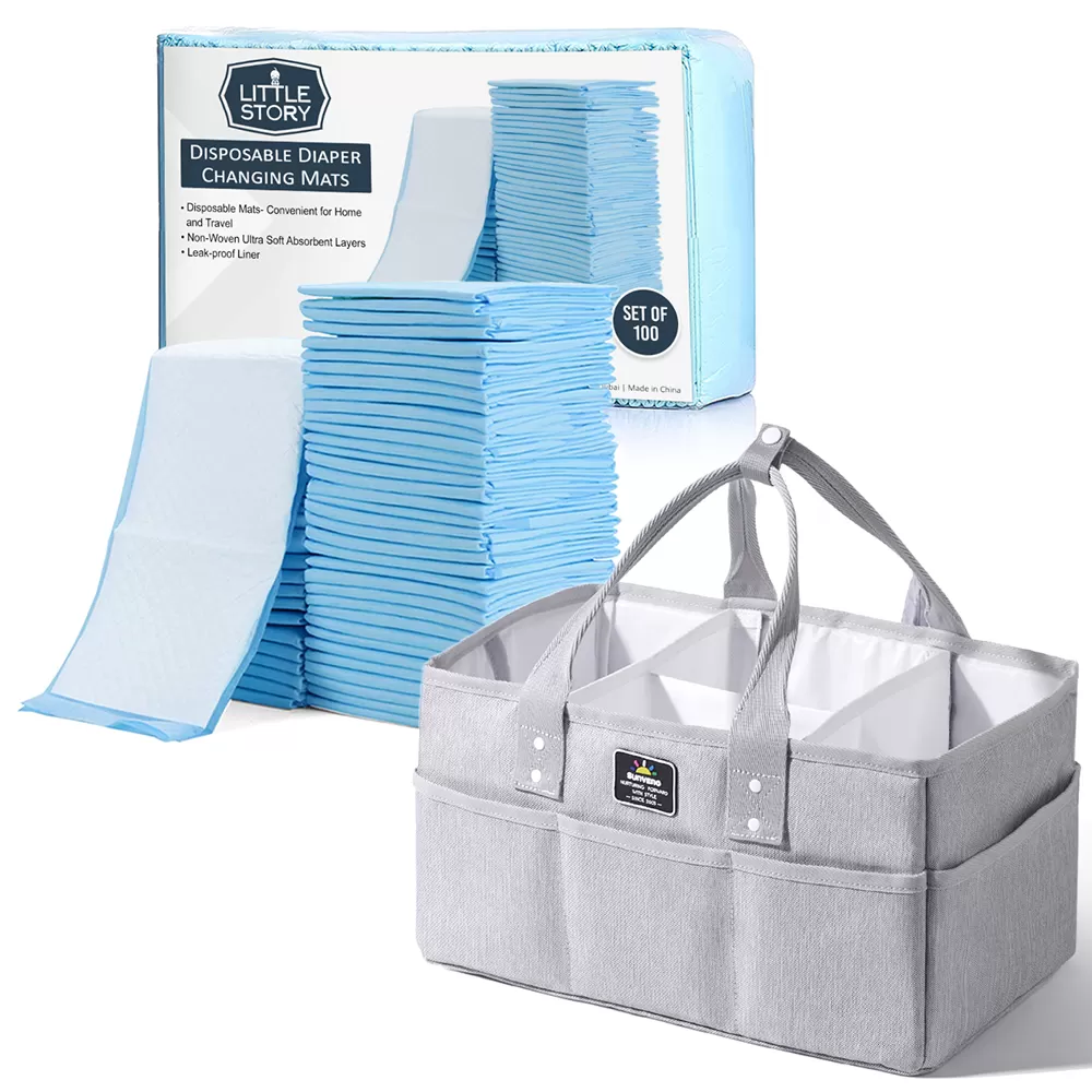 Sunveno Diaper Caddy with 100pcs Blue Changing Mats - Grey