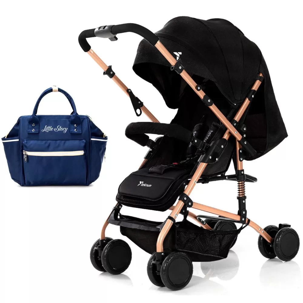 Teknum Reversible Trip Stroller w / Blue Ace Diaper Bag - Black