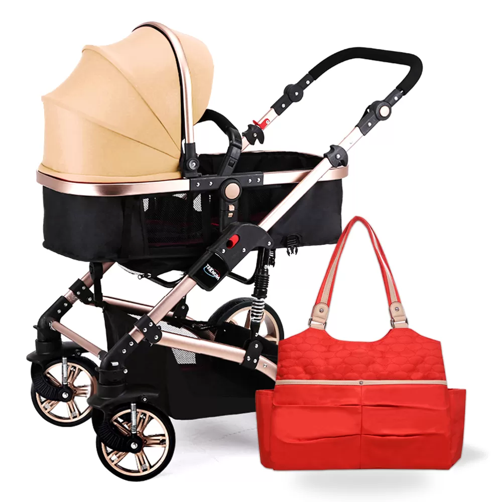 Teknum 3 in 1 Pram stroller with Sunveno Fashion Diaper Tote Bag- Khaki