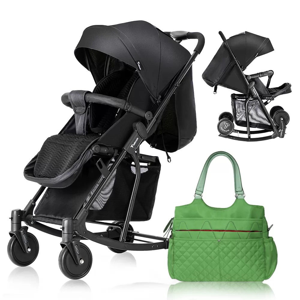 Teknum Stroller With Rocker with Green Fashion Diaper Bag- Black