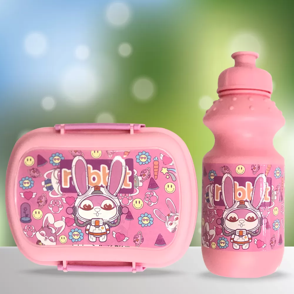 Eazy Kids - Set of 2 - Lunch Box &amp; Water Bottle - Rabbit Pink