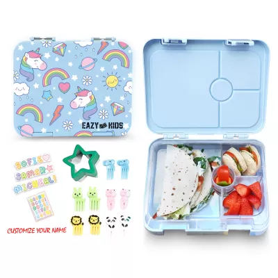 Eazy Kids 4 Compartment Bento Lunch Box - Unicorn Blue
