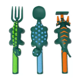 Eazy Kids Spoon, Fork & Pusher - Dark Green, Dinosaur, 3Pcs