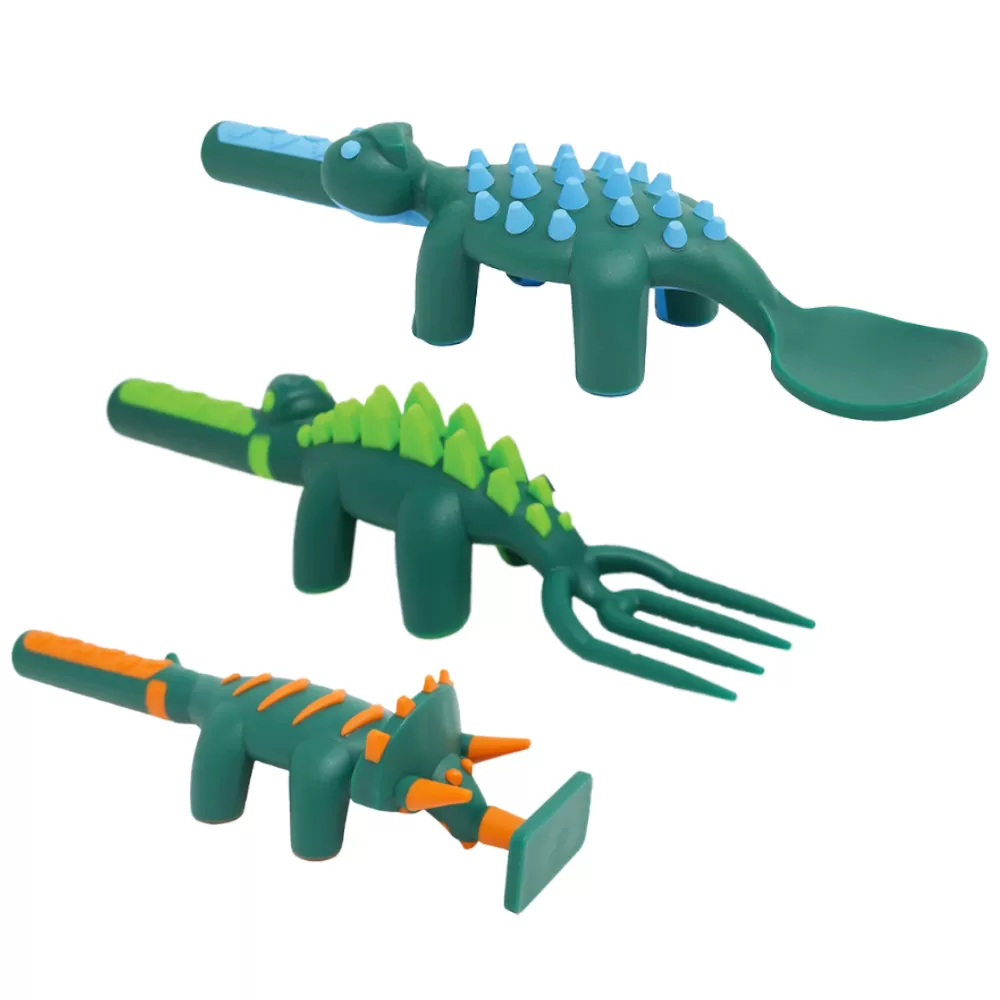 Eazy Kids Spoon, Fork &amp; Pusher - Dark Green, Dinosaur, 3Pcs