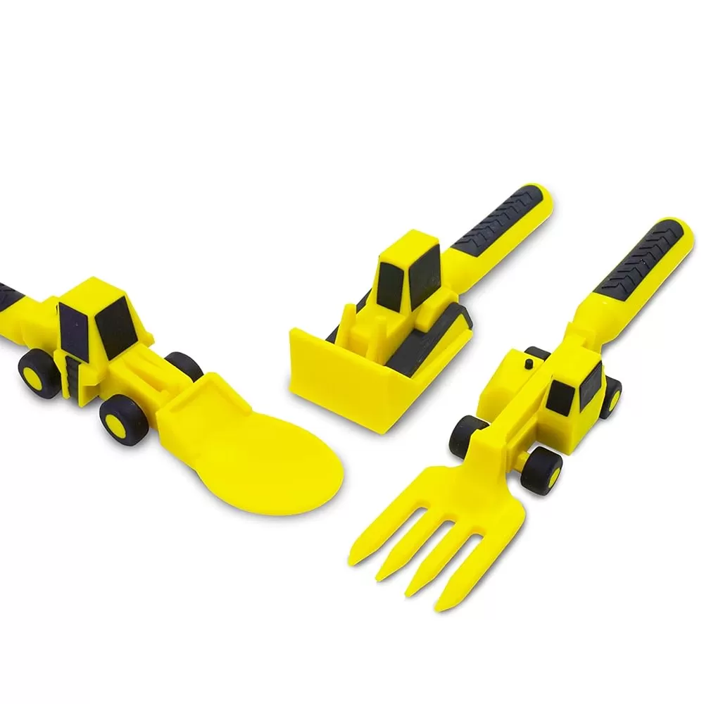 Eazy Kids Spoon, Fork &amp; Pusher - Yellow, Truck, 3Pcs
