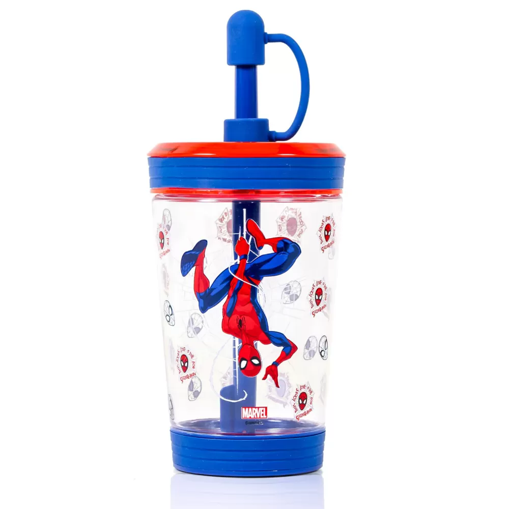 Marvel Beyond Amazing Spider-Man Tritan Sipper Tumbler Water Bottle W/Straw and Leash Lid-Blue(480ml)