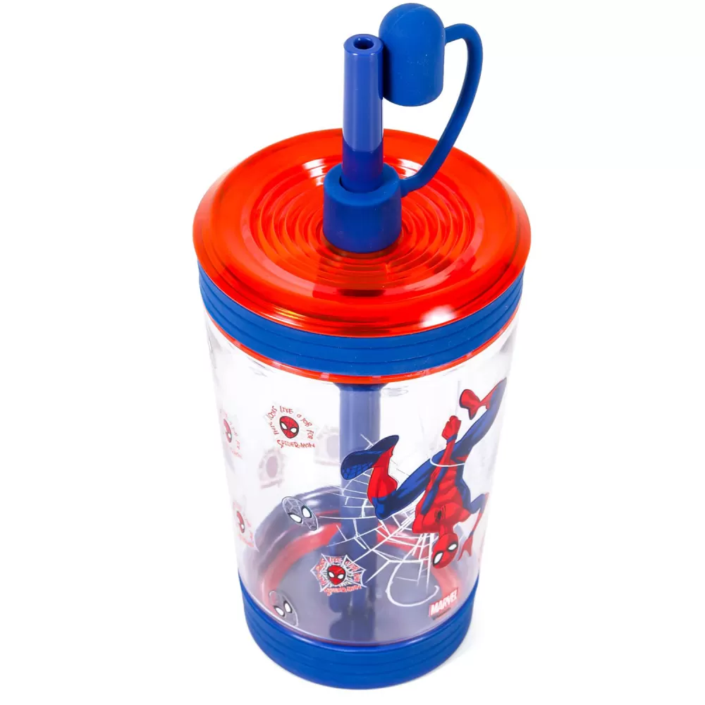 Marvel Beyond Amazing Spider-Man Tritan Sipper Tumbler Water Bottle W/Straw and Leash Lid-Blue(480ml)