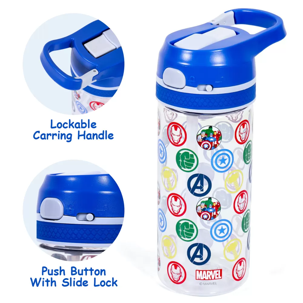 Marvel Avengers Tritan Water Bottle w/Lockable Push button and Carry Handle-Blue (420ml)