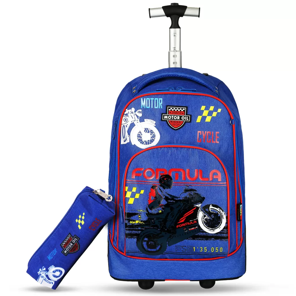 Eazy Kids-18&quot; Set of 2 Formula Racing Big Wheel Trolley School &amp; Pencil Case-Blue