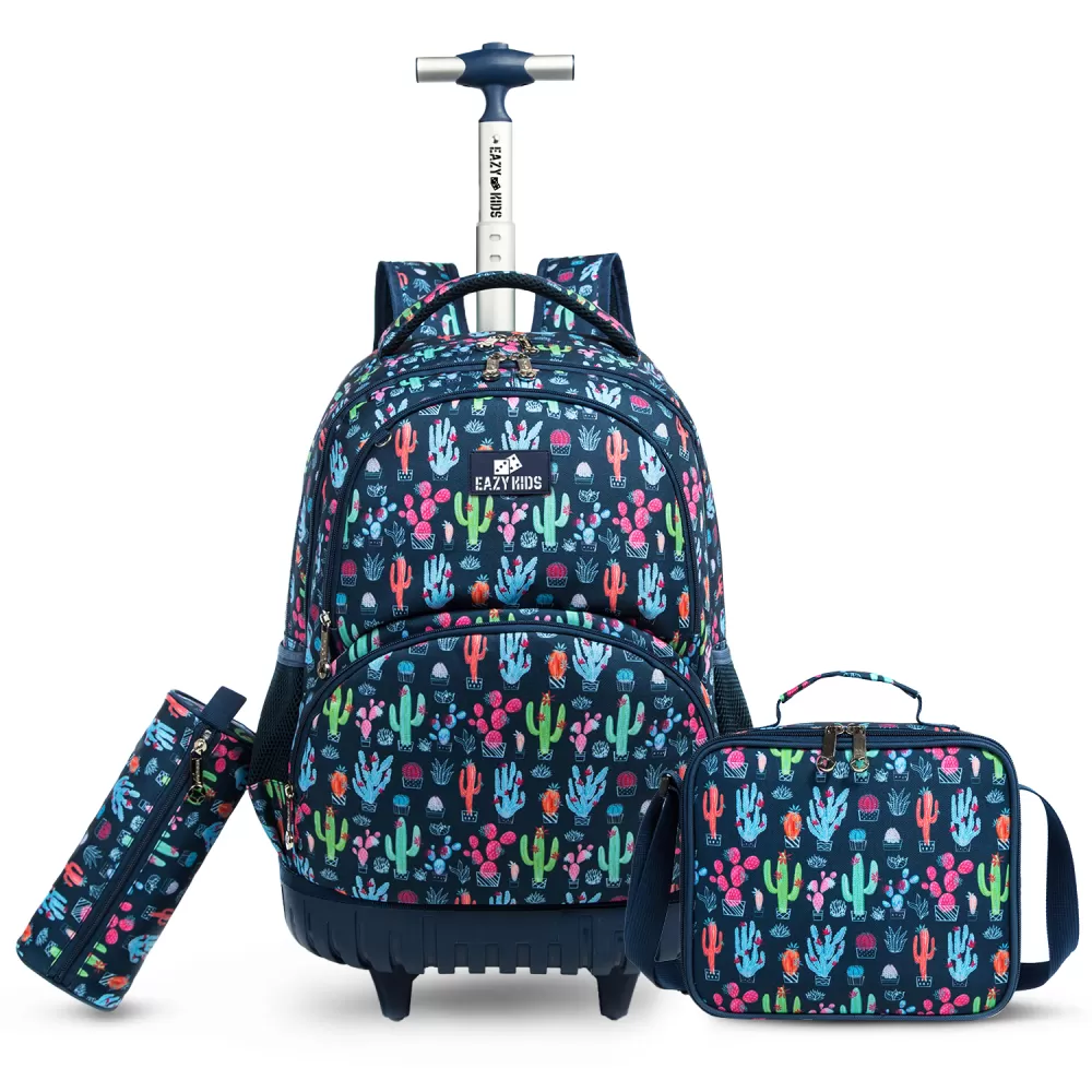 Eazy Kids-18&quot; Set of 3 Trolley School Bag Lunch Bag &amp; Pencil Case Cacti-Blue