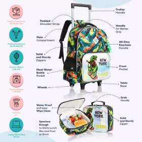 Eazy Kids-16" Set of 3 Trolley School Bag Lunch Bag & Pencil Case New York Dinosaur-Green