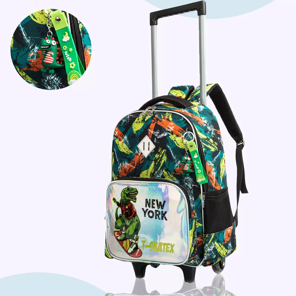 Eazy Kids-16&quot; Set of 3 Trolley School Bag Lunch Bag &amp; Pencil Case New York Dinosaur-Green