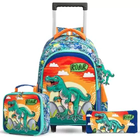 Eazy Kids-16" Set of 3 Trolley School Bag Lunch Bag & Pencil Case Dinosaur-Orange