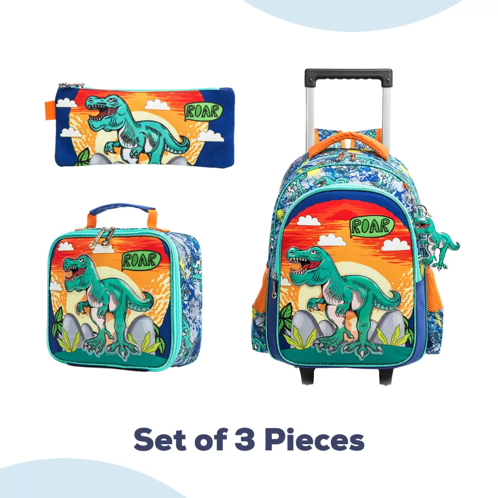 Eazy Kids-16&quot; Set of 3 Trolley School Bag Lunch Bag &amp; Pencil Case Dinosaur-Orange