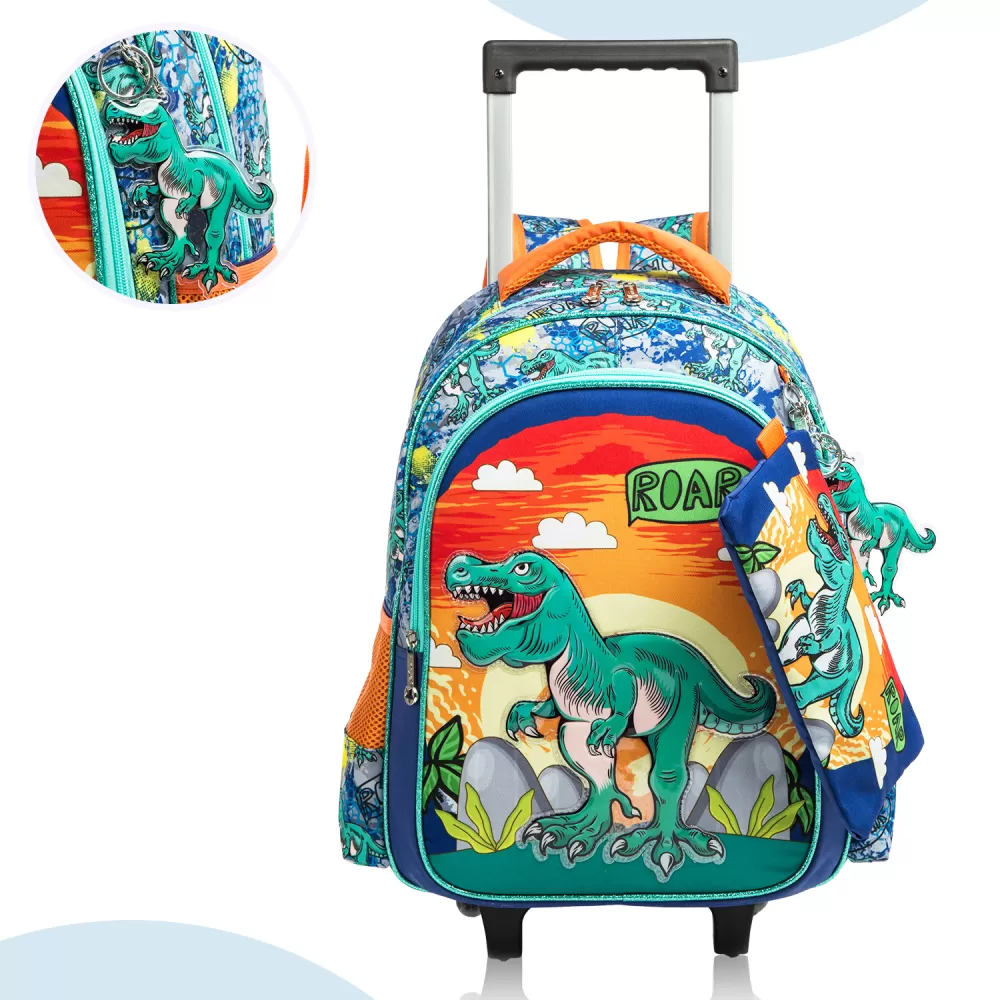 Eazy Kids-16&quot; Set of 3 Trolley School Bag Lunch Bag &amp; Pencil Case Dinosaur-Orange
