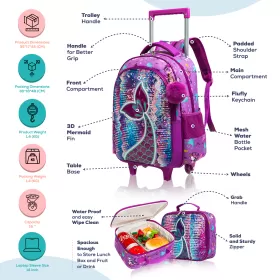 Eazy Kids-16" Set of 3 Trolley School Bag Lunch Bag & Pencil Case Mermaid-Purple