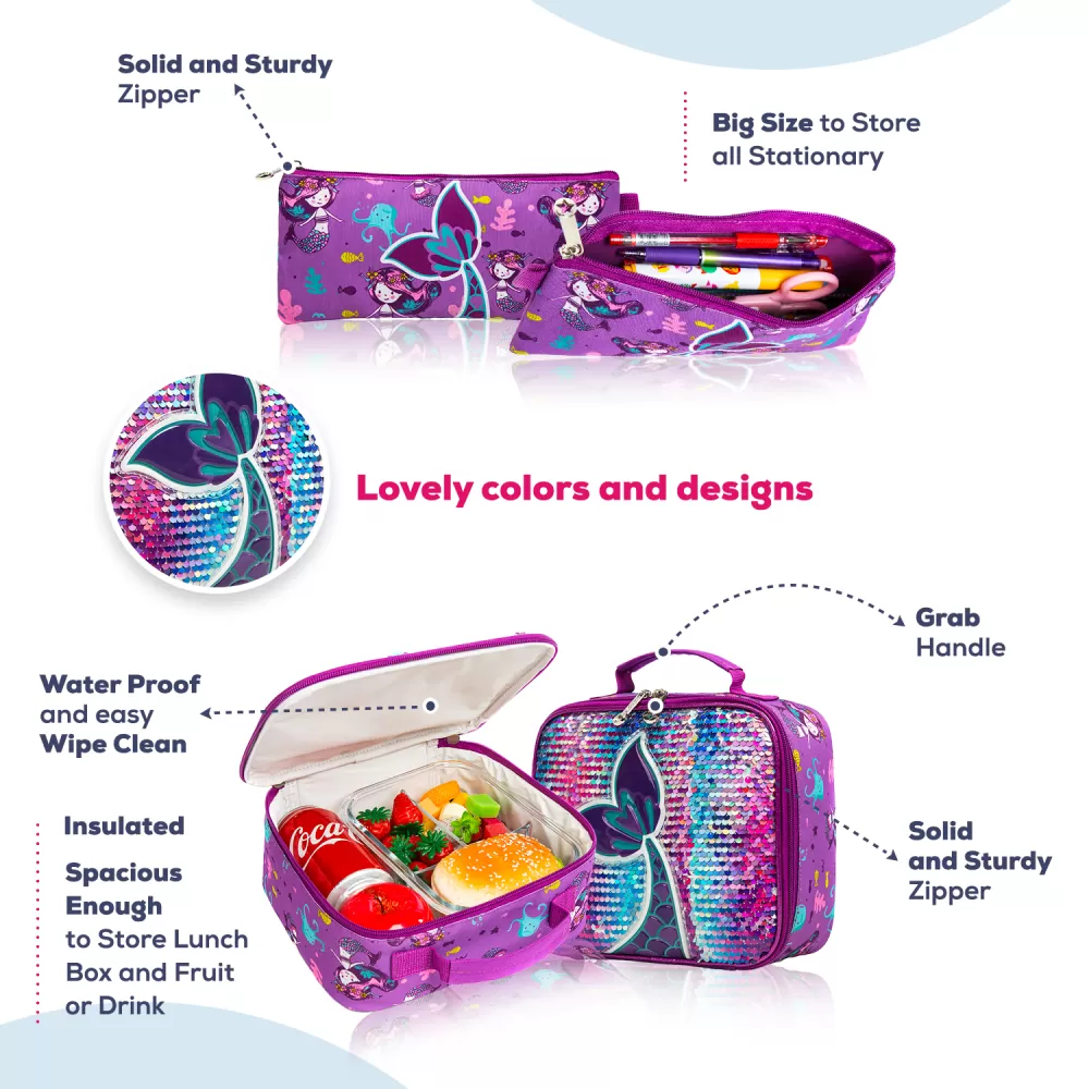 Eazy Kids-16&quot; Set of 3 Trolley School Bag Lunch Bag &amp; Pencil Case Mermaid-Purple