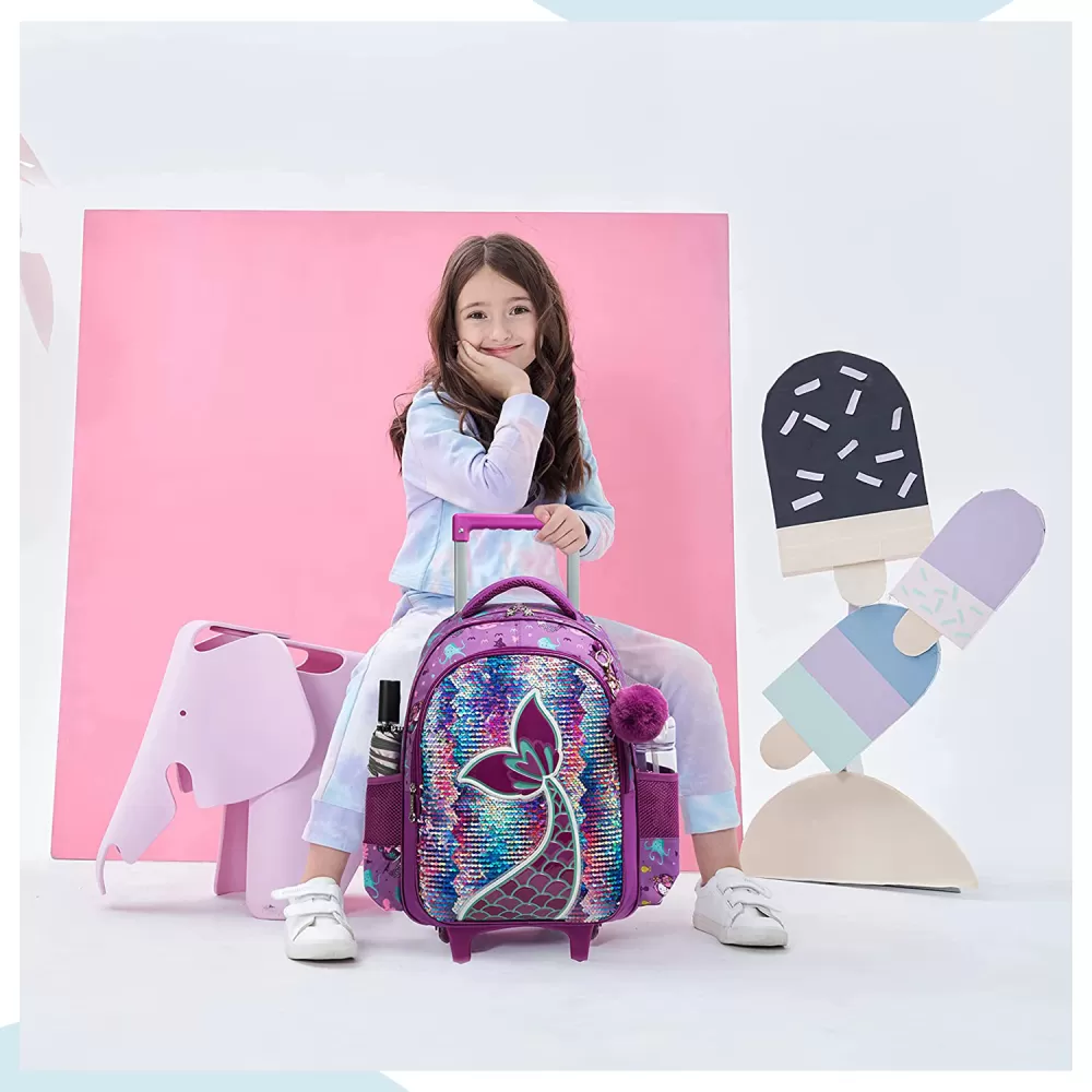 Eazy Kids-16&quot; Set of 3 Trolley School Bag Lunch Bag &amp; Pencil Case Mermaid-Purple