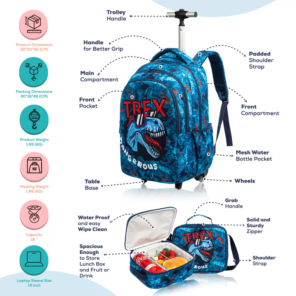 Eazy Kids-18&quot; Set of 3 Trolley School Bag Lunch Bag &amp; Pencil Case Trex Dinosaur-Blue