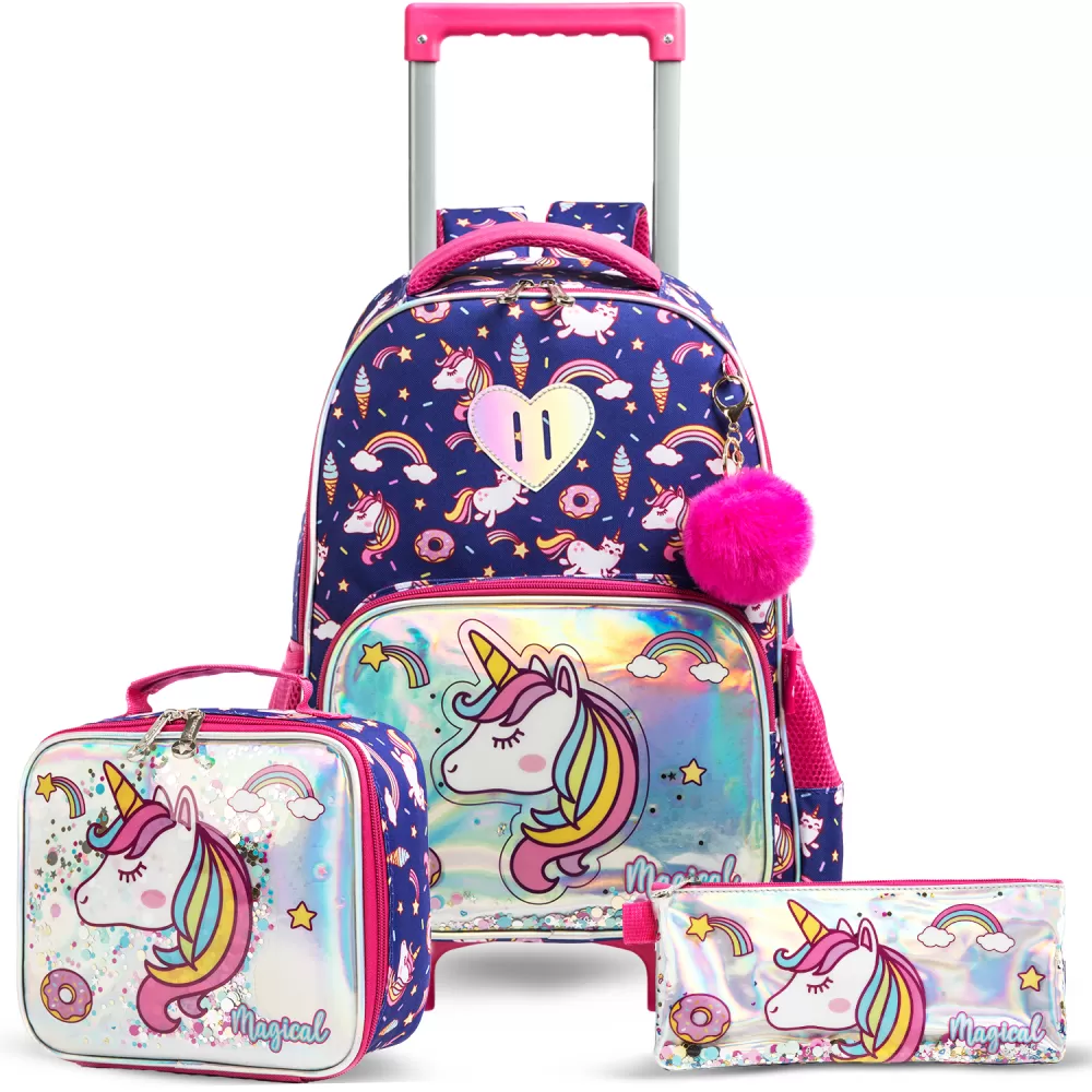 Eazy Kids-16&quot; Set of 3 Trolley School Bag Lunch Bag &amp; Pencil Case Unicorn Chrome-Blue