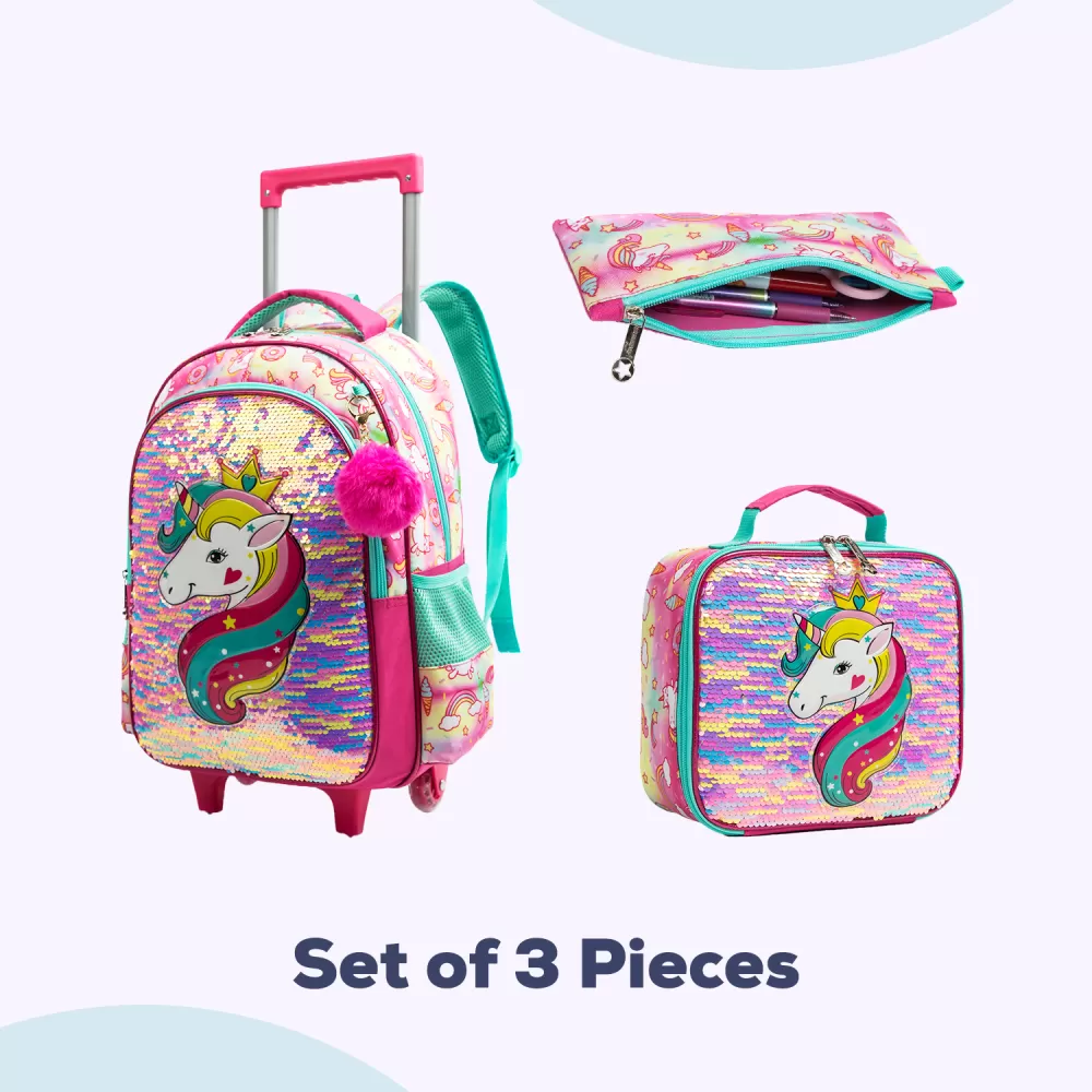 Eazy Kids-16&quot; Set of 3 Trolley School Bag Lunch Bag &amp; Pencil Case Unicorn-Pink