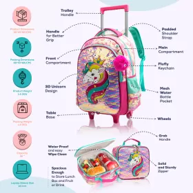 Eazy Kids-16" Set of 3 Trolley School Bag Lunch Bag & Pencil Case Unicorn-Pink