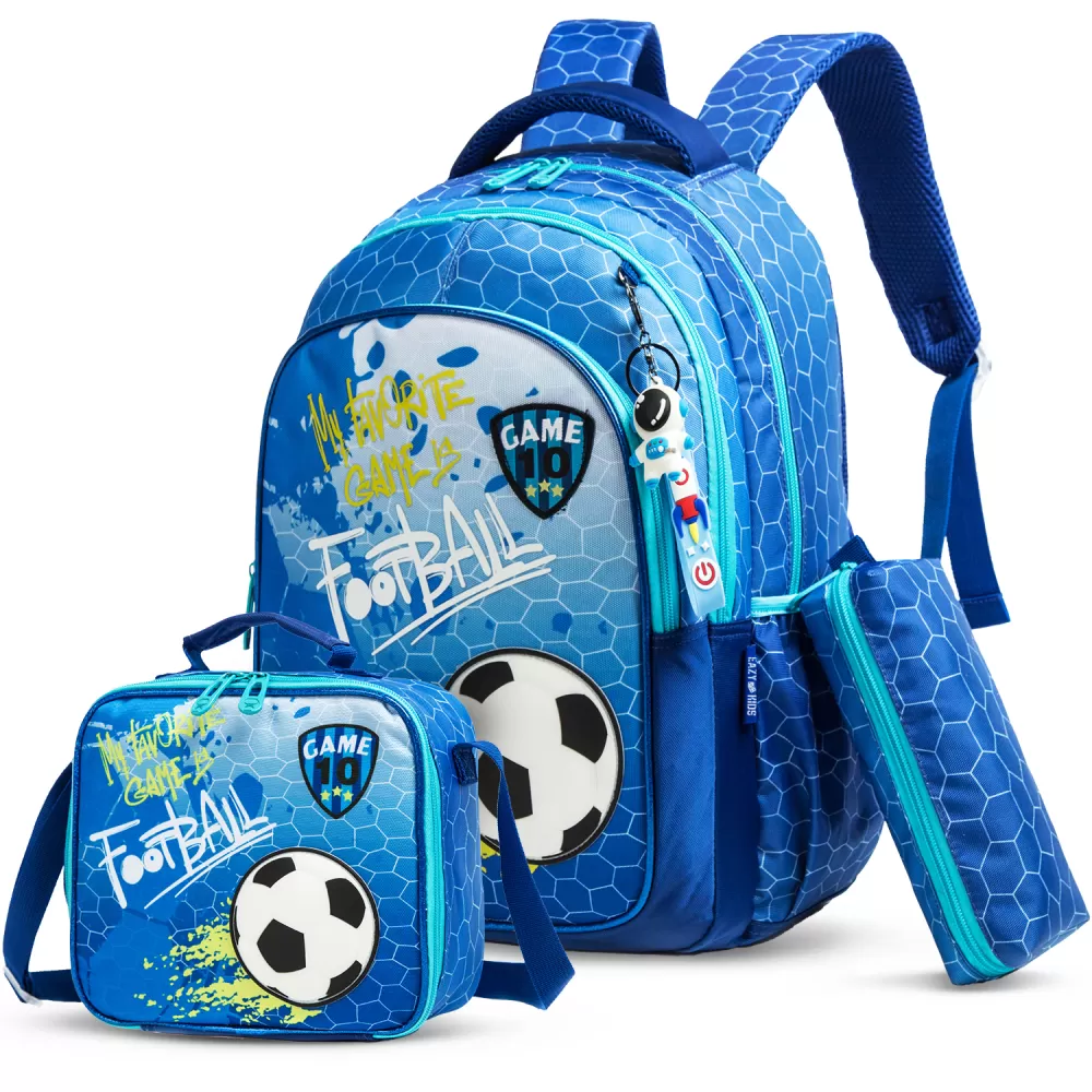 Eazy Kids-17&quot; School Bag Lunch Bag Pencil Case Set of 3 Football-Blue
