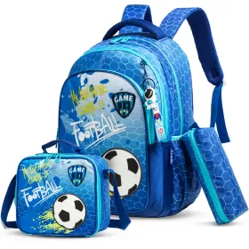 Eazy Kids-17" School Bag Lunch Bag Pencil Case Set of 3 Football-Blue