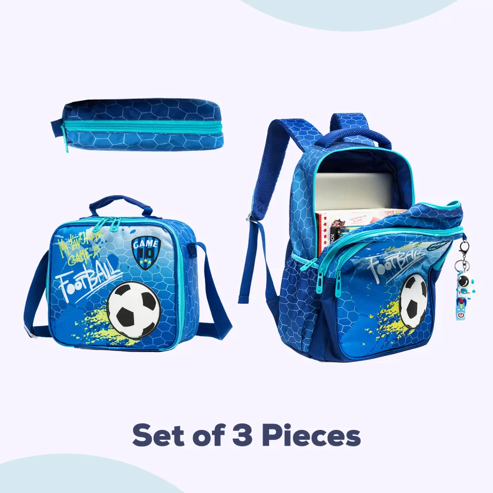 Eazy Kids-17&quot; School Bag Lunch Bag Pencil Case Set of 3 Football-Blue