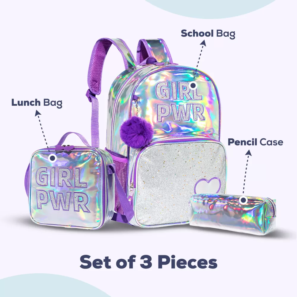 Eazy Kids-18&quot; School Bag Lunch Bag Pencil Case Set of 3 Girl Power-Purple